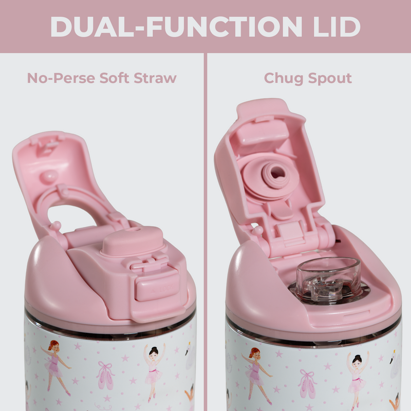 Ease2o 14oz | Leakproof 2-in-1 Kids Water Bottle with Straw & Chug Spout – Ballerina