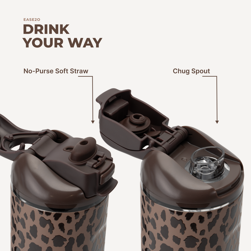Ease2o 24oz | 2-in-1 Water Bottle with Soft Straw & Chug Spout – Brown Leopard