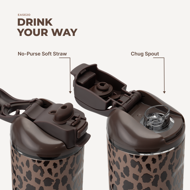 Ease2o 32oz | Compact Water Bottle with Straw & Chug Spout – Brown Leopard